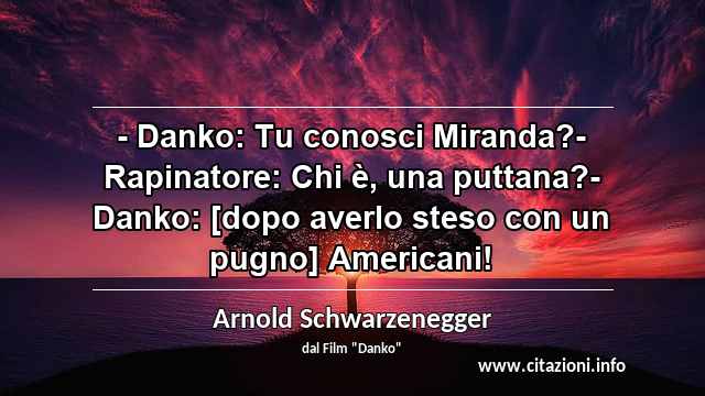 “- Danko: Tu conosci Miranda?- Rapinatore: Chi è, una puttana?- Danko: [dopo averlo steso con un pugno] Americani!”