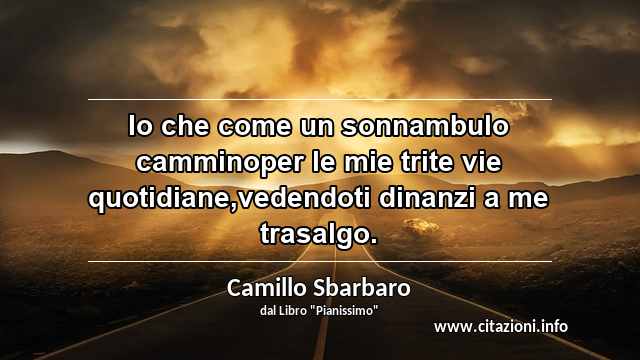 “Io che come un sonnambulo camminoper le mie trite vie quotidiane,vedendoti dinanzi a me trasalgo.”