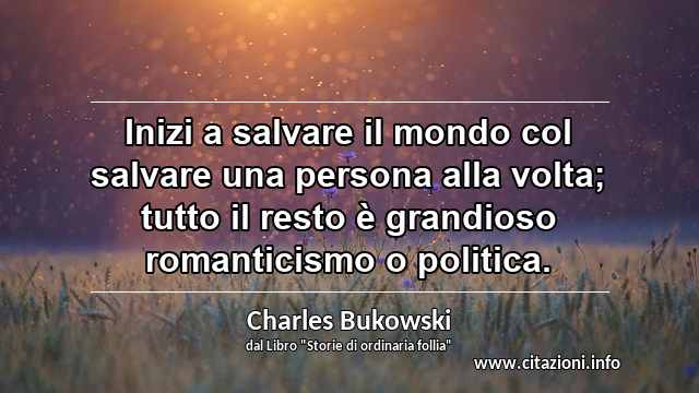 “Inizi a salvare il mondo col salvare una persona alla volta; tutto il resto è grandioso romanticismo o politica.”