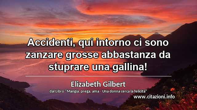 “Accidenti, qui intorno ci sono zanzare grosse abbastanza da stuprare una gallina!”