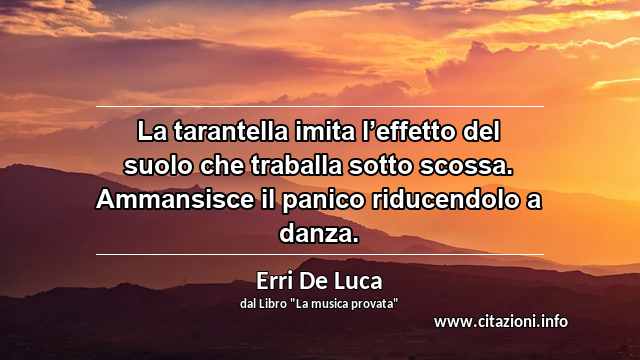 “La tarantella imita l’effetto del suolo che traballa sotto scossa. Ammansisce il panico riducendolo a danza.”