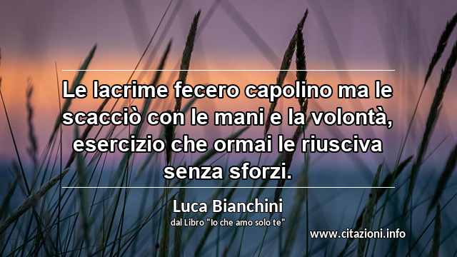 “Le lacrime fecero capolino ma le scacciò con le mani e la volontà, esercizio che ormai le riusciva senza sforzi.”