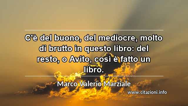 “C'è del buono, del mediocre, molto di brutto in questo libro: del resto, o Avito, così è fatto un libro.”