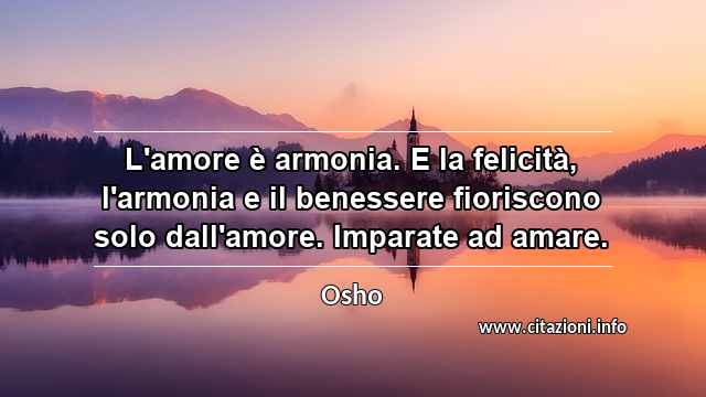 “L'amore è armonia. E la felicità, l'armonia e il benessere fioriscono solo dall'amore. Imparate ad amare.”