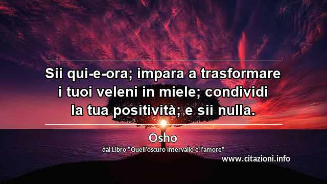 “Sii qui-e-ora; impara a trasformare i tuoi veleni in miele; condividi la tua positività; e sii nulla.”