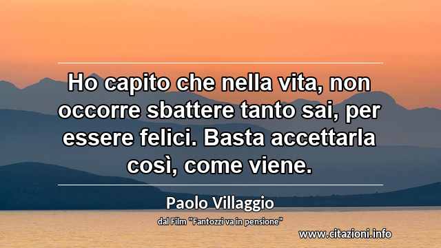 “Ho capito che nella vita, non occorre sbattere tanto sai, per essere felici. Basta accettarla così, come viene.”