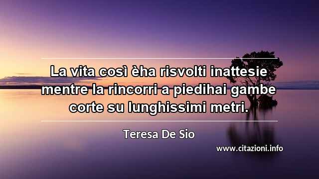 “La vita così èha risvolti inattesie mentre la rincorri a piedihai gambe corte su lunghissimi metri.”